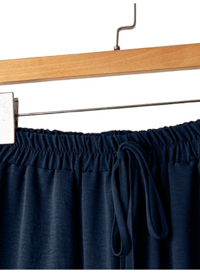 بنطلون نسائي واسع الساقين، بخصر مطاطي ورباط، مقاس حر، مناسب للارتداء اليومي. - Image 3